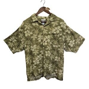 Breakwater Mens Olive Green Hibiscus Floral Rayon Short Sleeve Camp Shirt Size M